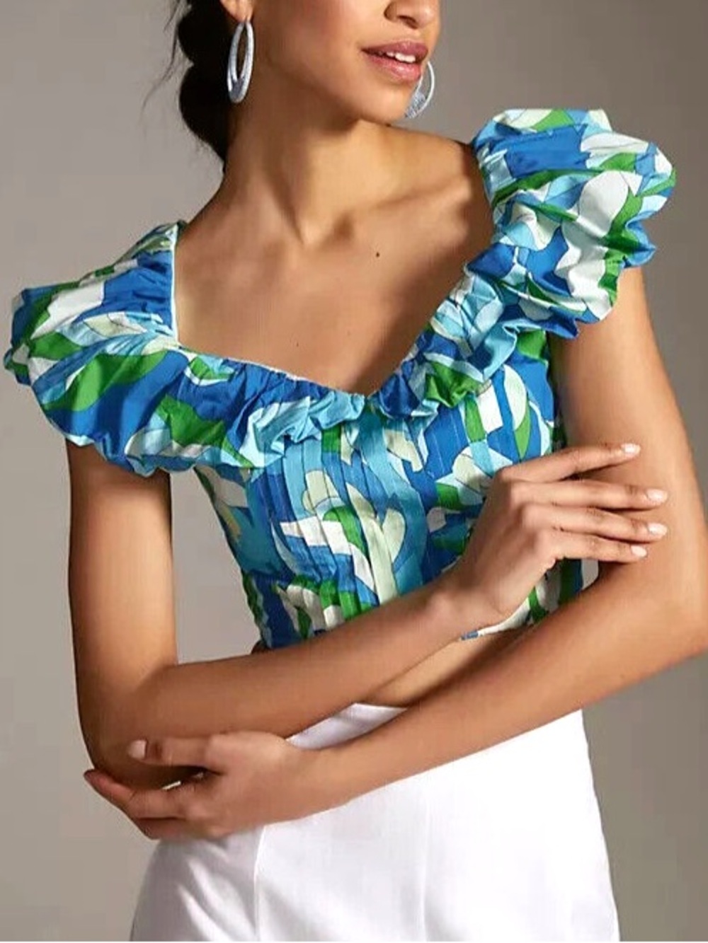 Maeve by Anthropologie Puff-Sleeve Cropped Blouse Top Tropical Floral Ruffle
